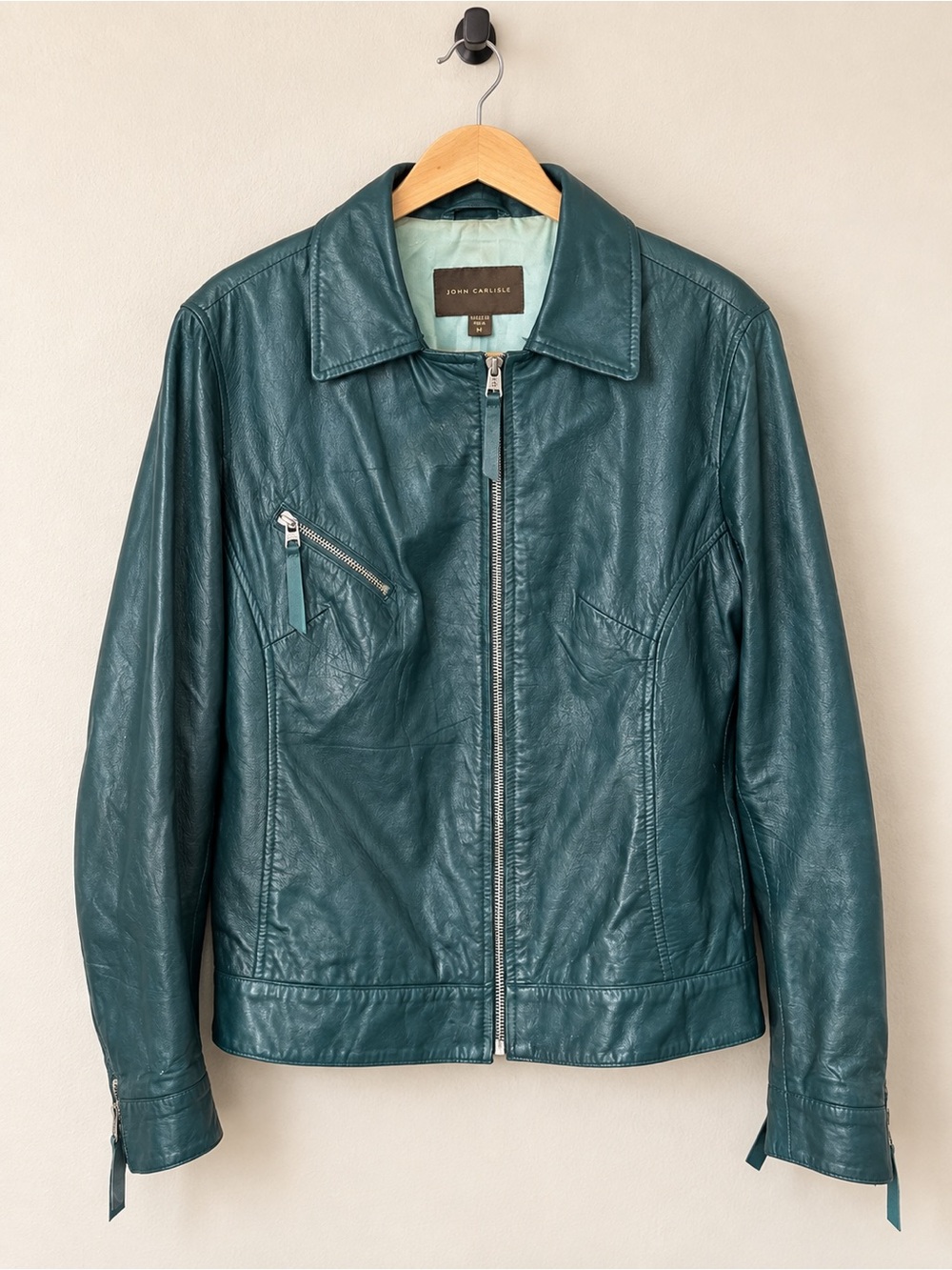 John Carlisle Teal Leather Zip-Front Jacket